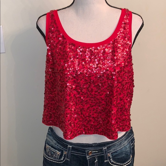 Express Tops - NWT Express Red Sequin Sleeveless Cropped Top